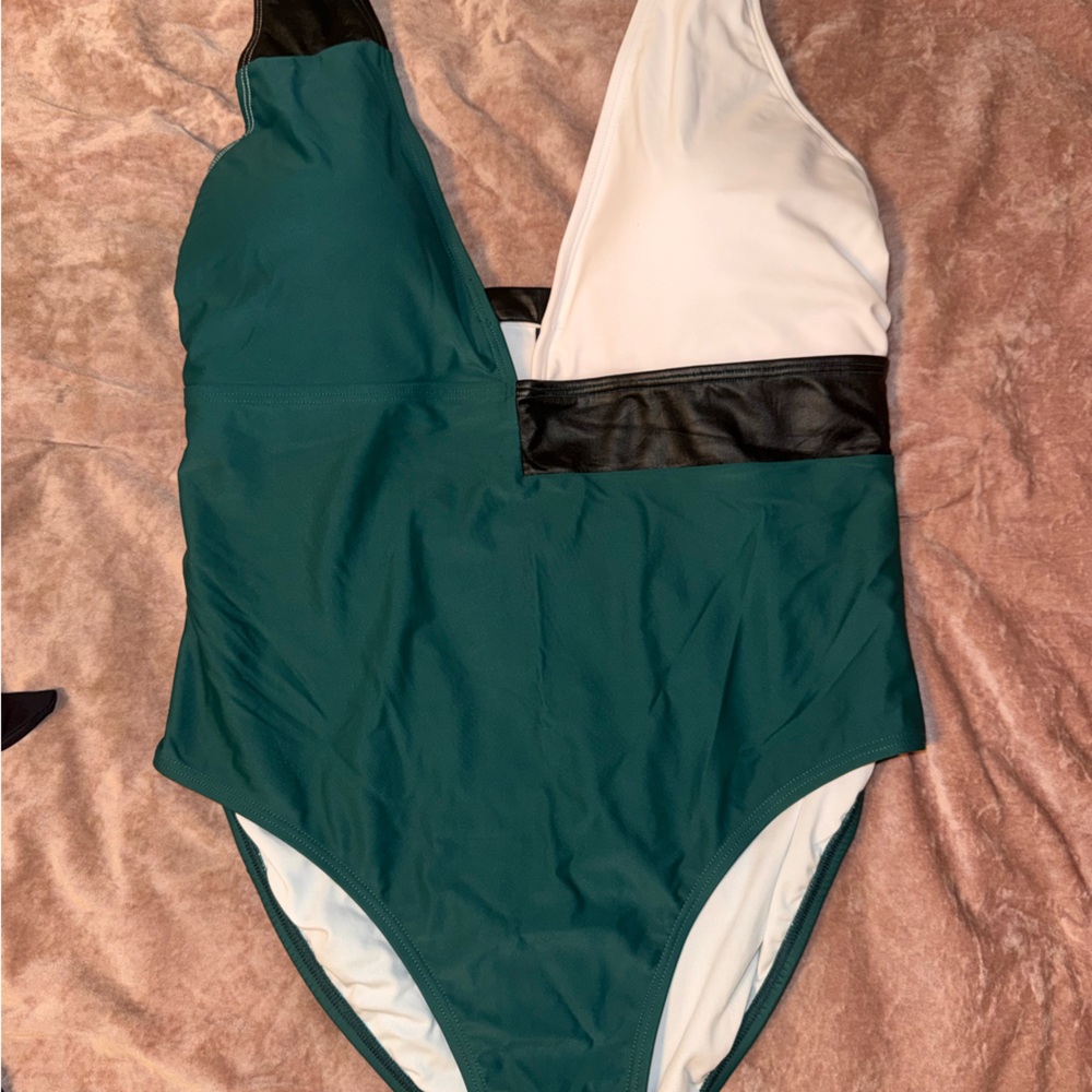 White & Dark Green Swimsuit